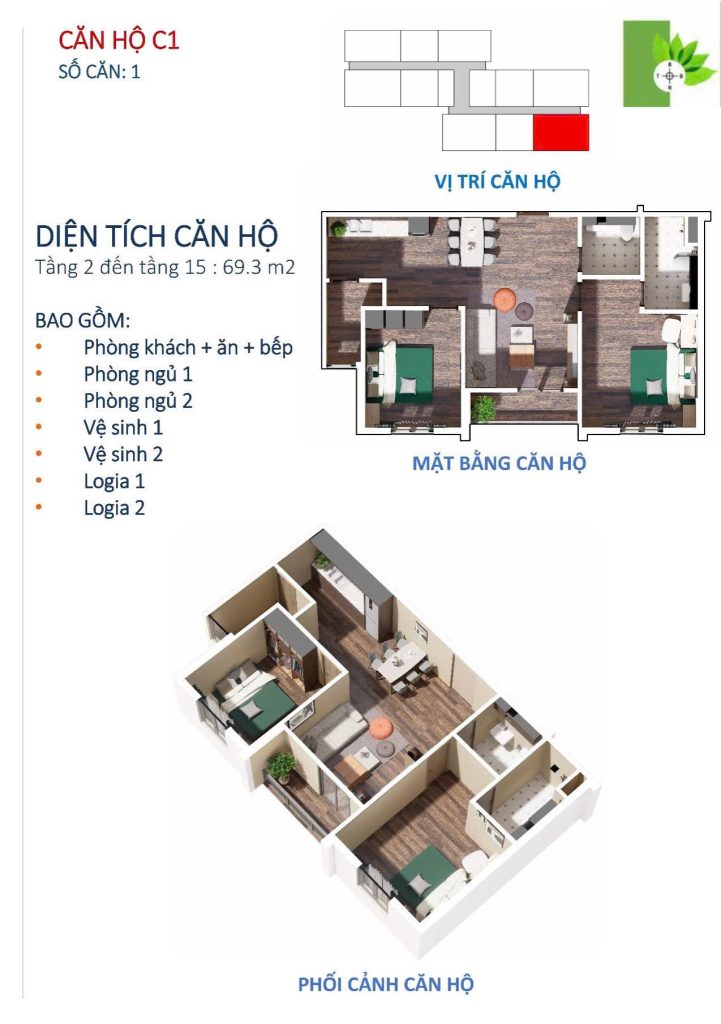 Căn hộ 2 phòng ngủ C1 chung cư xã hội west sky