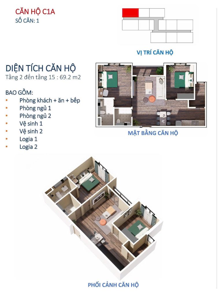 Căn hộ 2 phòng ngủ C1A chung cư xã hội west sky