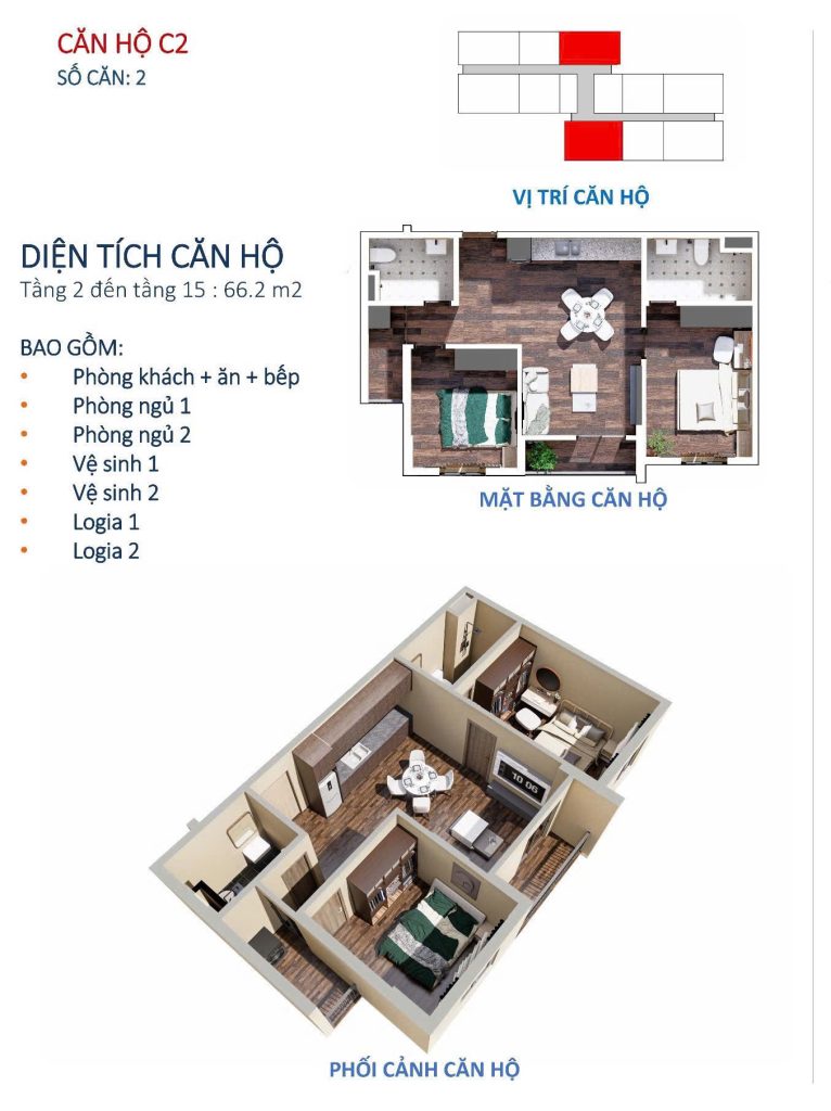 Căn hộ 2 phòng ngủ C2 chung cư xã hội west sky