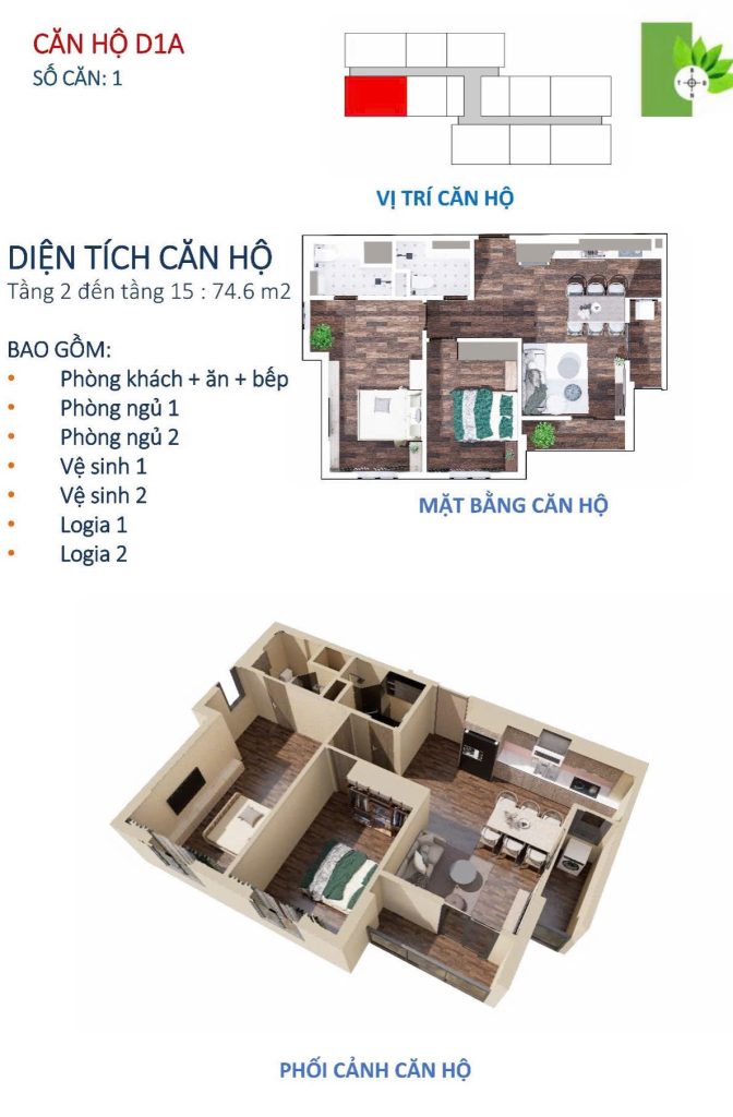 Căn hộ 2 phòng ngủ D1A chung cư xã hội west sky
